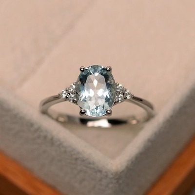 2.15 Ct Aquamarine Diamond Oval cut Wedding Ring 14K White Gold Size 6