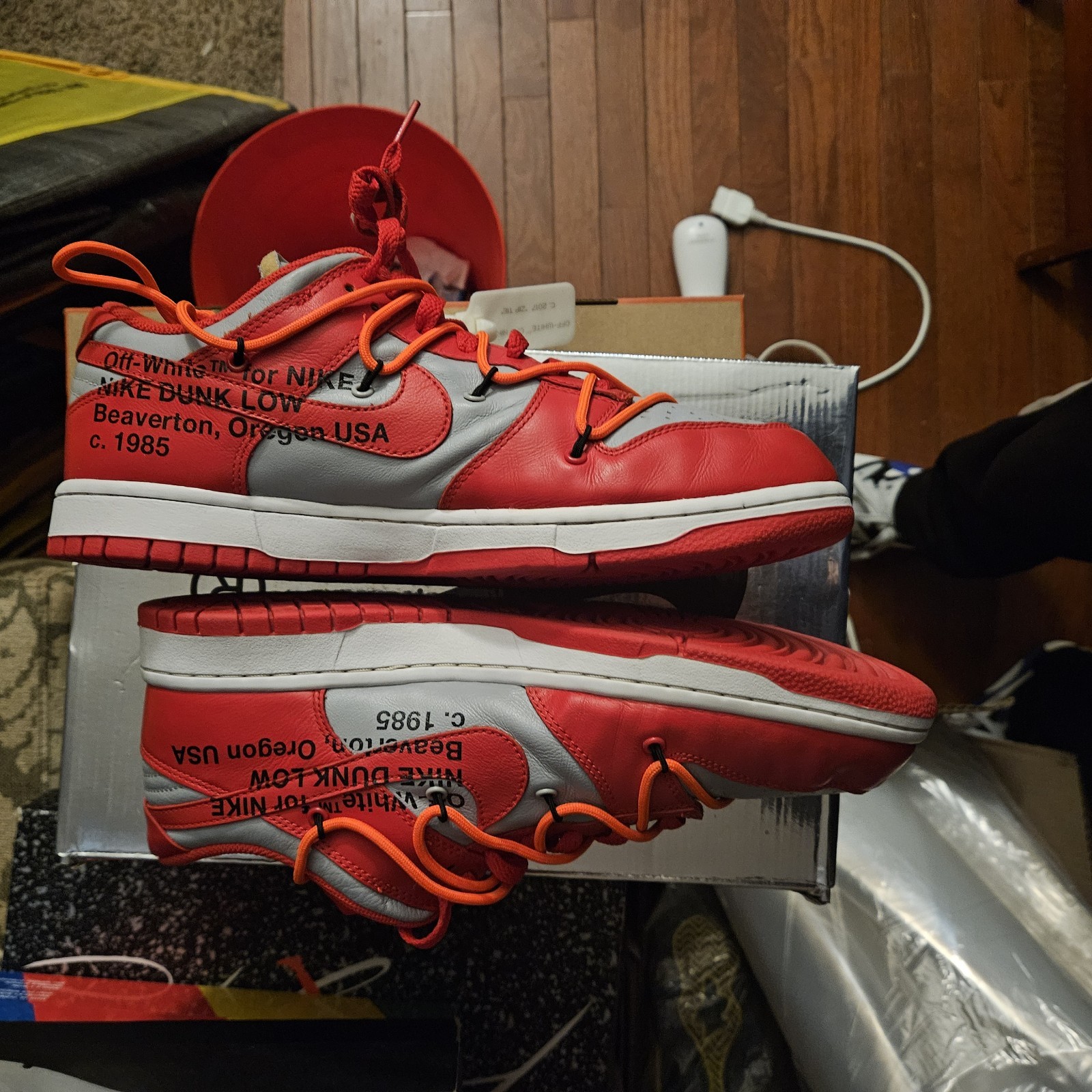 OFF WHITE X NIKE Nike Dunk Low x OFF WHITE University Red 2019 taglia 10 5M usate con scatola