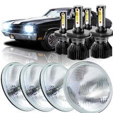 5.75 3/4" inch Glass Lens Round Head Lights,With 4 pcs H4 LED 6500K White Lig...