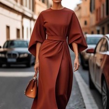 Fashionable and elegant  long dress solid color waist cinched dress bat sleeve