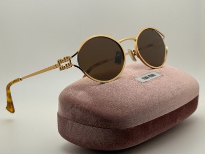 Miu Miu MU52YS Gold Round Oval Women's Sunglasses Brown Lenses Gold Metal Frame