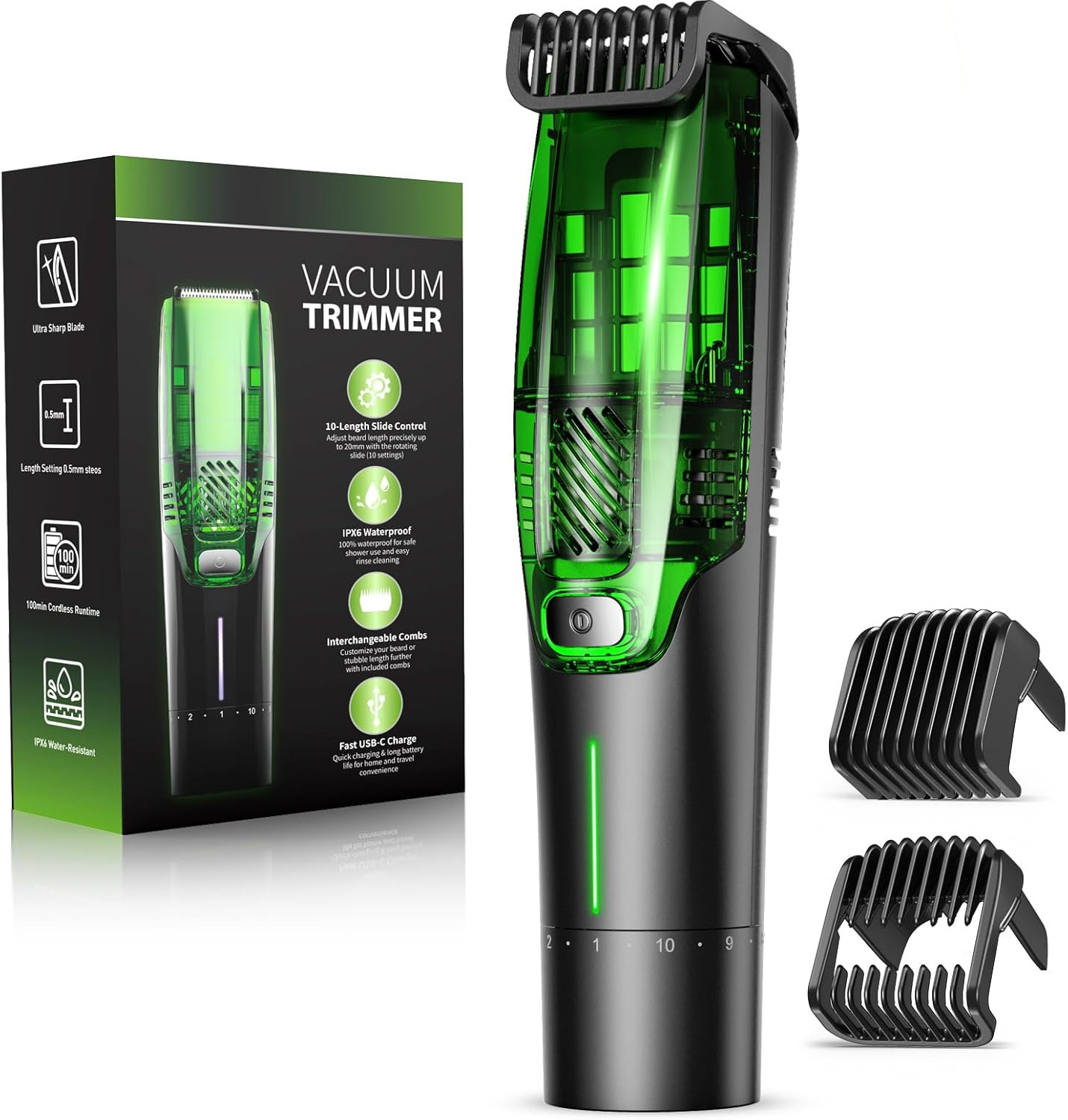 Men's Beard Trimmer All-In-One Vacuum Groomer with 20 Adjustable Length Settings