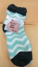 Ladies Cozy Socks AQUA/White/ DARK Gray-Stripe/Gray Stripe Shoe Sz 4-11 - 2 pair