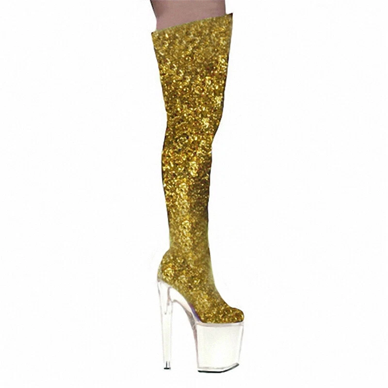 Glitter 20cm salto agulha plataforma feminina acima do joelho botas pole dance sexy tamanho - Imagem 2 de 4