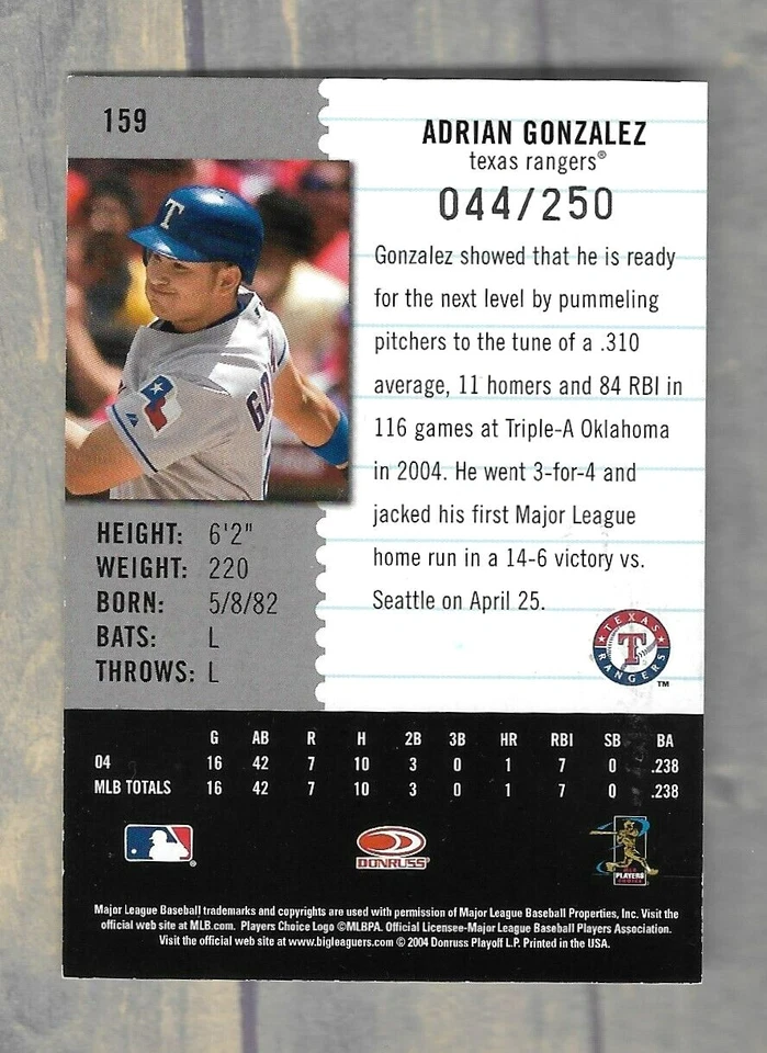 ADRIAN GONZALEZ 2004 DONRUSS LEAF CENTURY SP AUTOGRAPH AUTO CARD #'D 044/250 MLB - Image 2 of 2