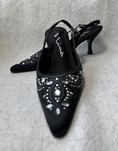 NINA Womens Blk Satin +Rhinestones Slingback Heels Sz 7M Pre-owned - Picture 9 of 14