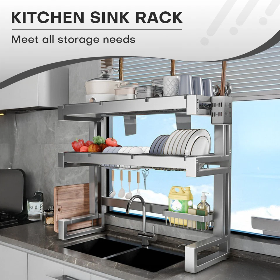 Estante de secado de platos grande de acero inoxidable para cocina de 3 niveles sobre el fregadero Foto 4 de 4