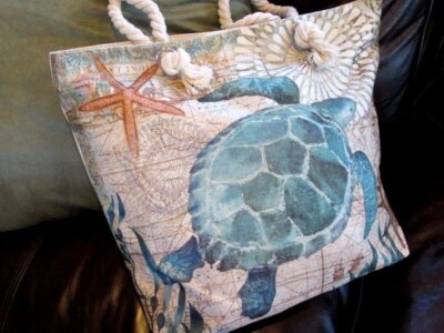 BIG Turtle Beach Bag Rope Handles Zippered Lined Vacation Shoulder Bag NEW