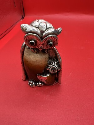 Bruni Marcello painted pewter owl & Baby Owl sculpture- Rare - 3 1/2  Tall