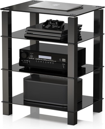 FITUEYES HiFi Rack AV Shelf 4-Tiers Glass TV Stand with 60x45.5x77 cm