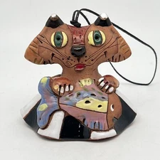 Whimsical Kitty Cat Who Caught The Fish Clay Folk Art Hand Crafted Bell/ Chime