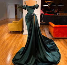 Mermaid Dark Green Prom Dress Sexy Beadings Floor Length Off Shoulder Split