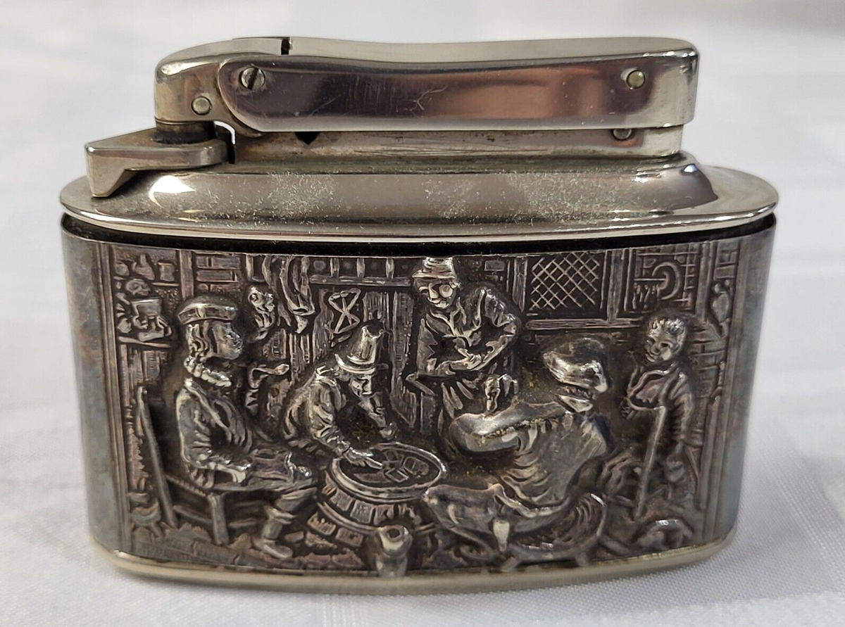 手彫り洋白＆本革トルペードマテ＋洋白ボンビージャ 2点セット TORPEDO MYLFLAM DIPLOMAT WEST GERMAN GERMANY TABLE LIGHTER DETAILED ART
