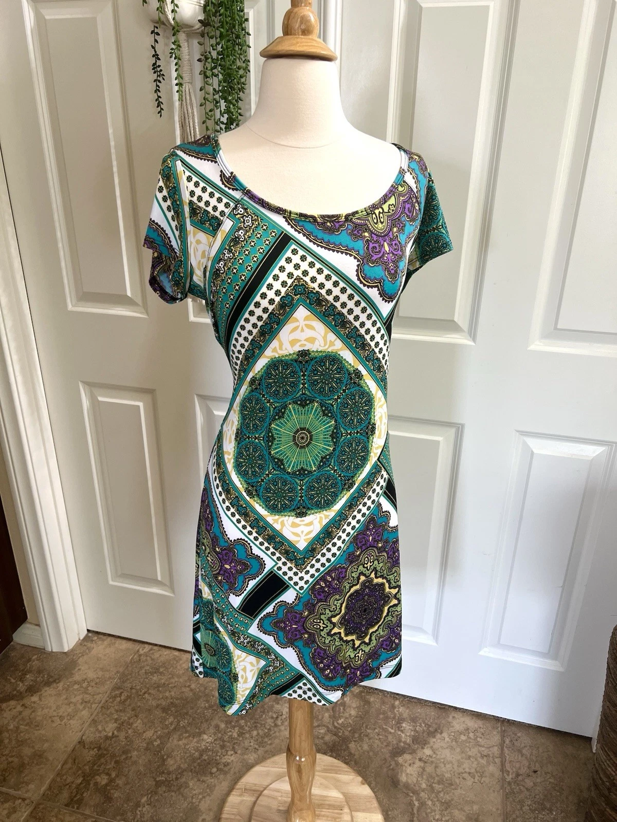 Vtg Y2K AB Studio Abstract Geometric Floral Stretchy Shirt Dress BOHO Hippie M