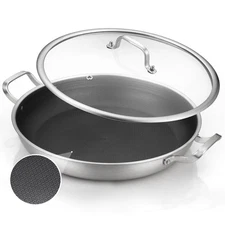 DELARLO 14" Tri-Ply Stainless Steel Nonstick Paella Pan with Lid - Heavy Duty