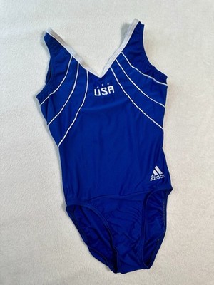 GK ELITE gymnastics ADIDAS Leotard BLUE White USA Logo STARS Mesh TANK Leo  AS
