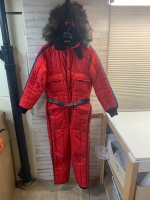 VTG 1971 Foremost Penneys Snowmobile Suit RED Large, Real Timberwolf Fur RARE