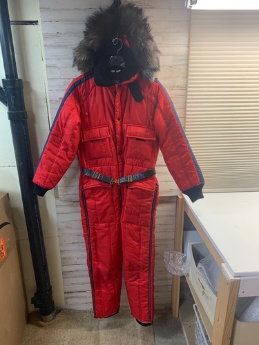 VTG 1971 Foremost Penneys Snowmobile Suit RED Large, Real Timberwolf Fur RARE