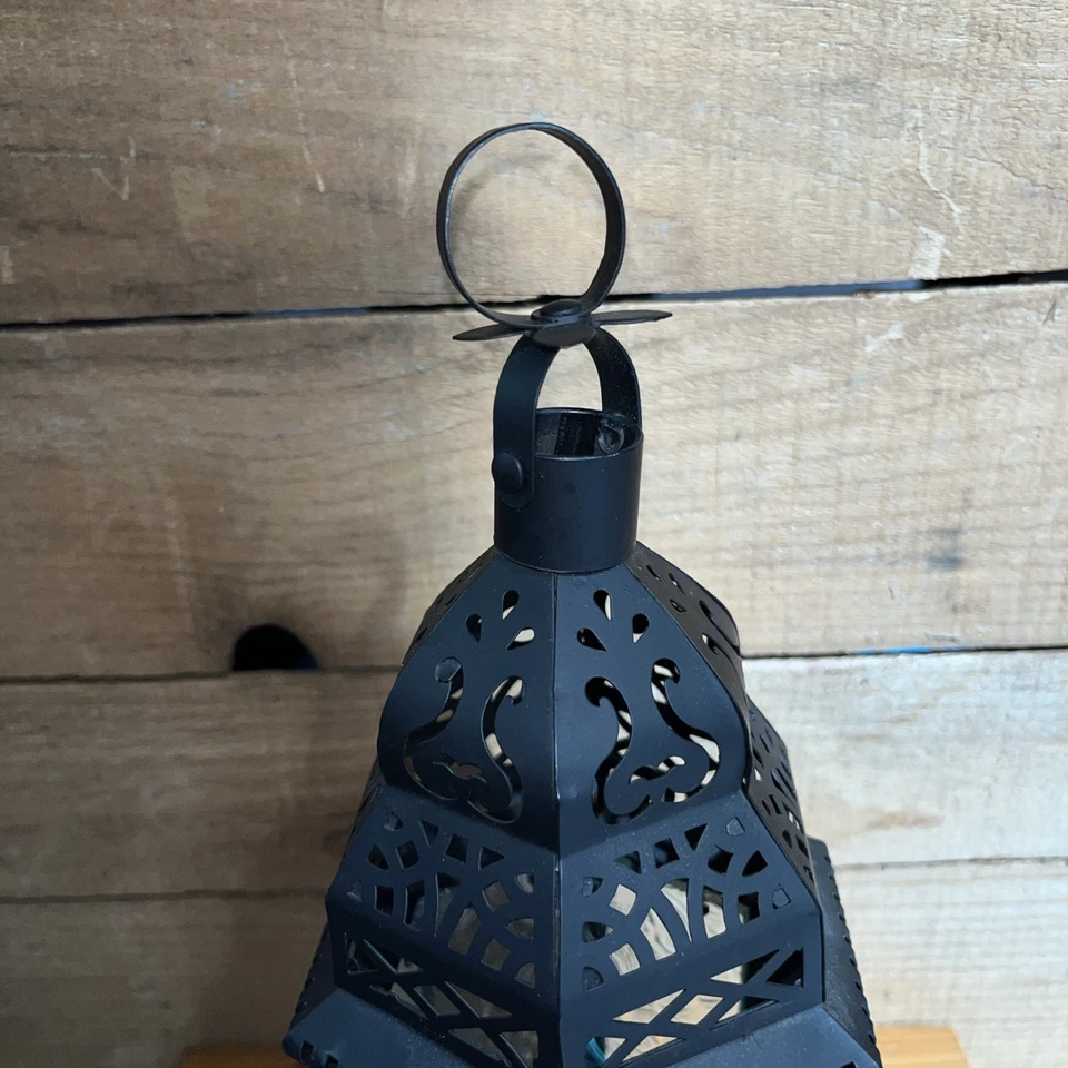 Moroccan Black Metal And Clear Glass Hurricane Candleholder 11” Tall 5” Wide - Image 3 of 4