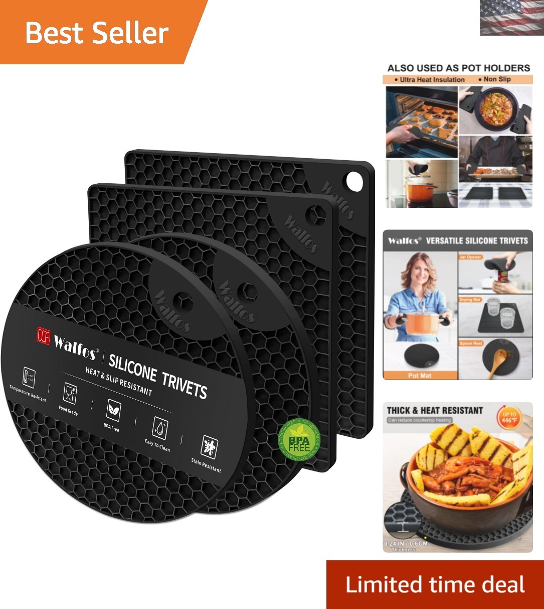 4-Pack Black Food-Grade Silicone Trivets - Heat-Resistant Hot Pads