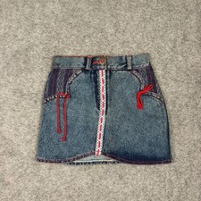 K Denim Mini Skirt Girls Size 4 Vintage Lace Trim Red Accents Blue Cotton