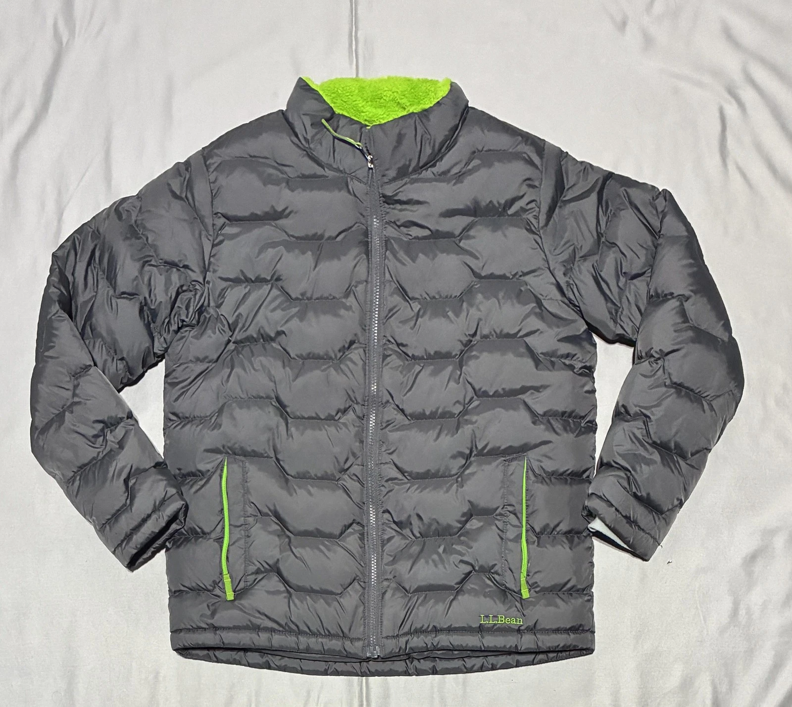 L.L. Bean Puffer Jacket Youth Large 14/16 Gray Down Fleece Lined Winter Outdoor