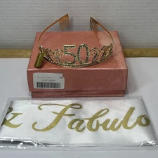 Age 50 Tiara & "50 & Fabulous" Glitter Sash Set - Gold Tone  & Rhinestone Metal