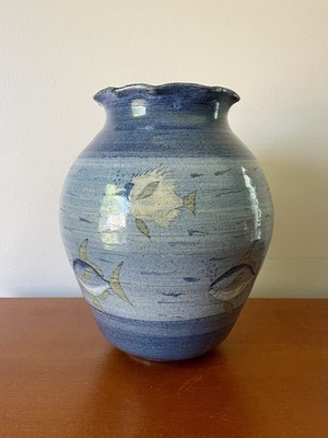 Vintage Lloyds Ceramics Jamaica 9  Pottery Vase Blue Ocean Sea Fish Nautical
