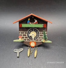 Vintage Mid-Century West Germany Wooden Mini Cockoo Clock With Key & Pendulum