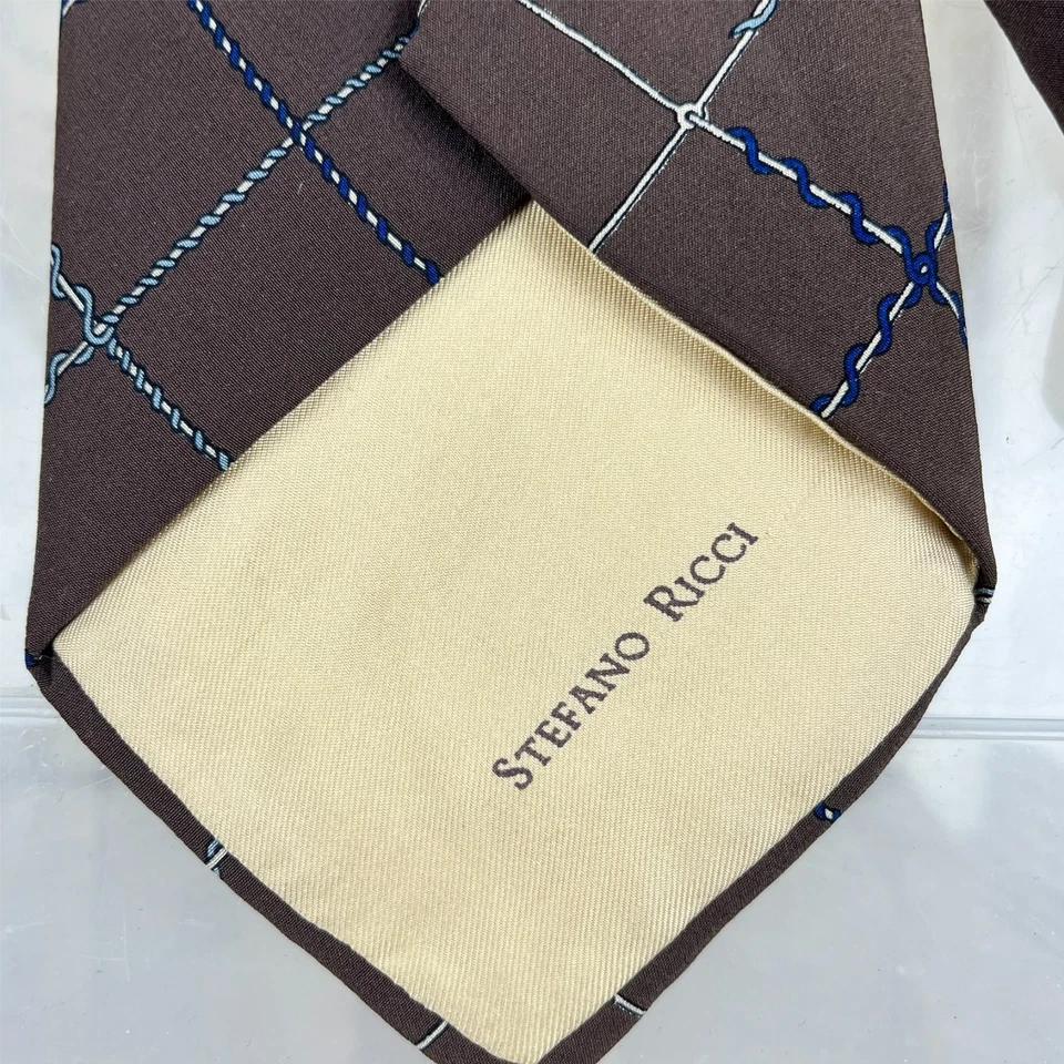 Vintage STEFANO RICCI 70s Large Kipper Cravate 1970s Mod Soie Homme Marron Check - Photo 4/4