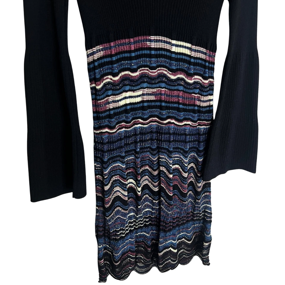 M Missoni Knit Dress Sz 0 Black Chevron V Neck Bell Sleeve Wool Blend Italy - Image 4 of 4