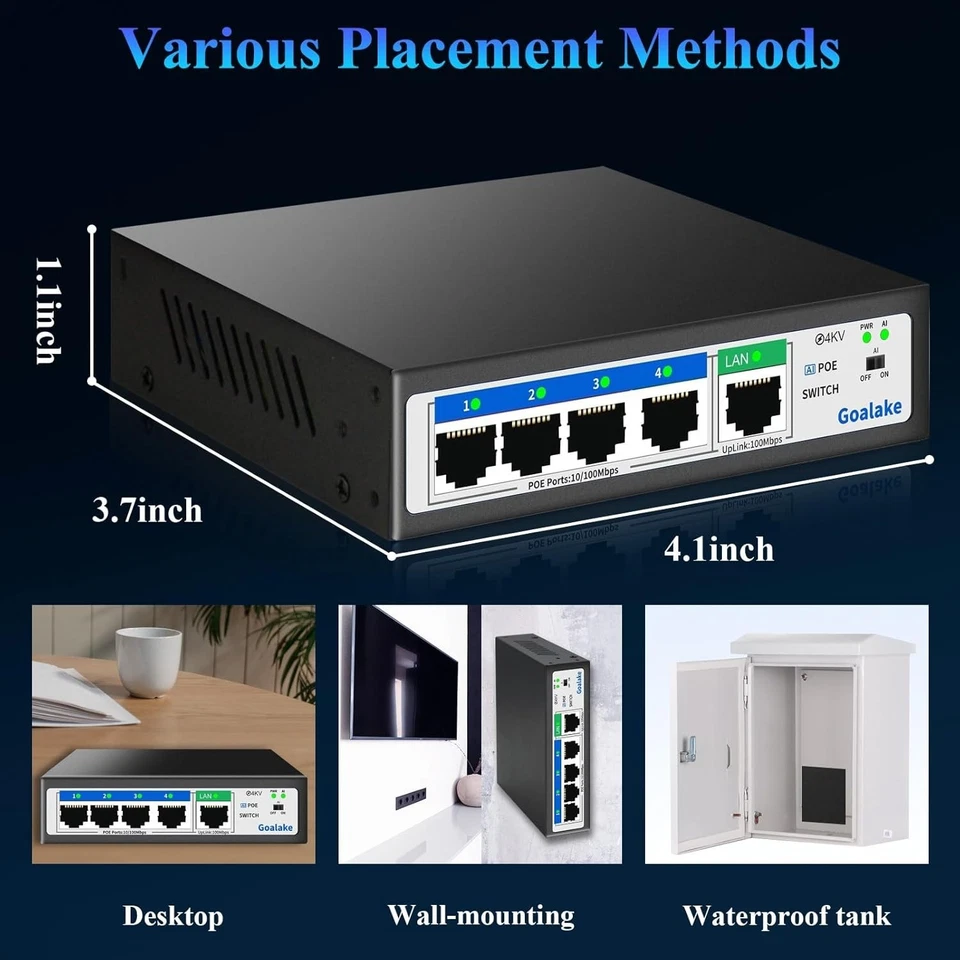 Goalake PoE+ Switch 5 Port 100Mbps（4 PoE Ports +1 Uplink), 802.3af/at, 52W fo... - Image 4 of 4