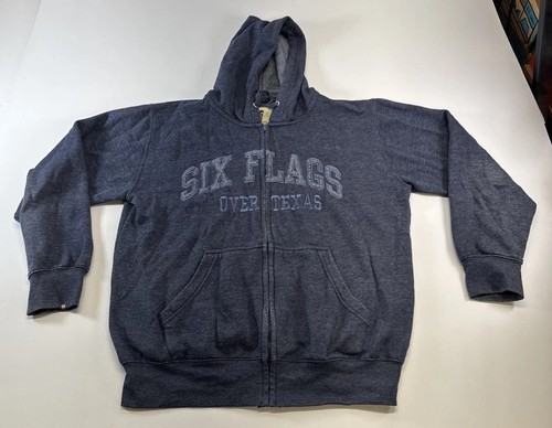 Six Flags Over Texas Zip Hoodie Medium Gray Fleece Sweatshirt Theme Park
