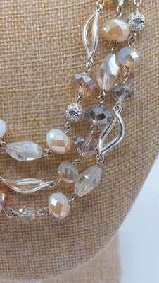 Neutral Glass Faceted Crystal Bead Necklace 3 Tiers Bright Silvertone Accents