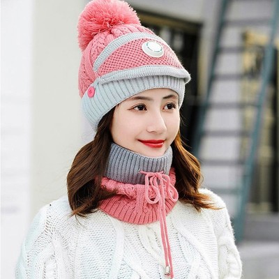 Damen Strickmütze Schal Mützen Halswärmer Wintermütze für Damen warm6787