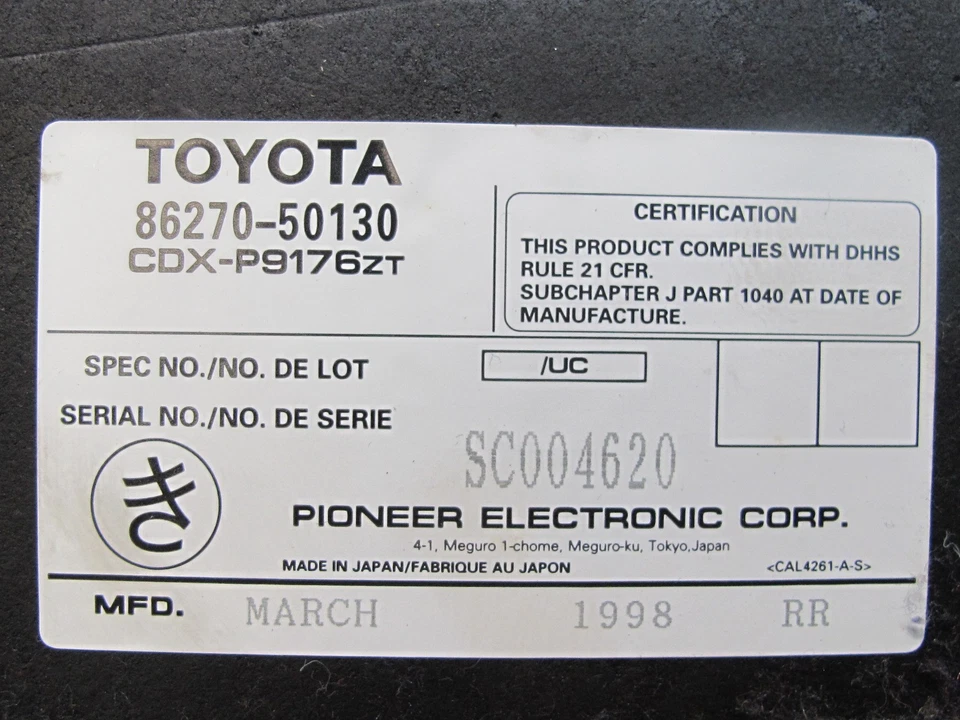 98-00 LEXUS LS400 PIONEER REPRODUCTOR CAMBIADOR DE CD SIN CARGADOR 86270-50130 OEM Foto 3 de 4