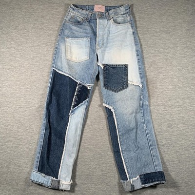 Revice Denim Jeans Womens 25 Blue Patchwork High Rise Straight Crop Distressed