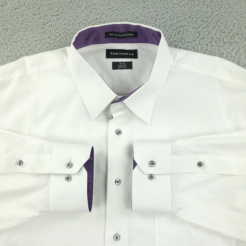 Camisa Paul Fredrick Para Hombres 18x36 Blanca Sin Hierro Calce Clásico Vestido Borde Púrpura Foto 2 de 4