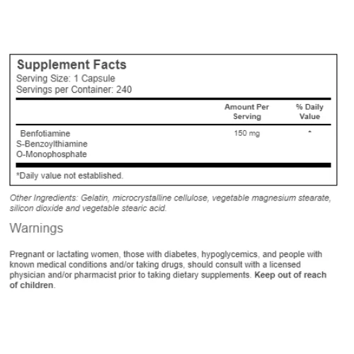 Vitacost-Synergy Benfotiamine - 150 毫克 - 240 粒胶囊 - 有效期至 08/26 — 第 2/2 张图片