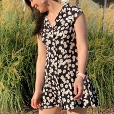 Reformation Womens Daisy Print Concord Mini Dress V Neck Black Yellow Size 4