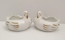 Vintage 2 Swan Figurine Ceramic Lady's Ashtray Shabby Chic Floral Forget Me Nots
