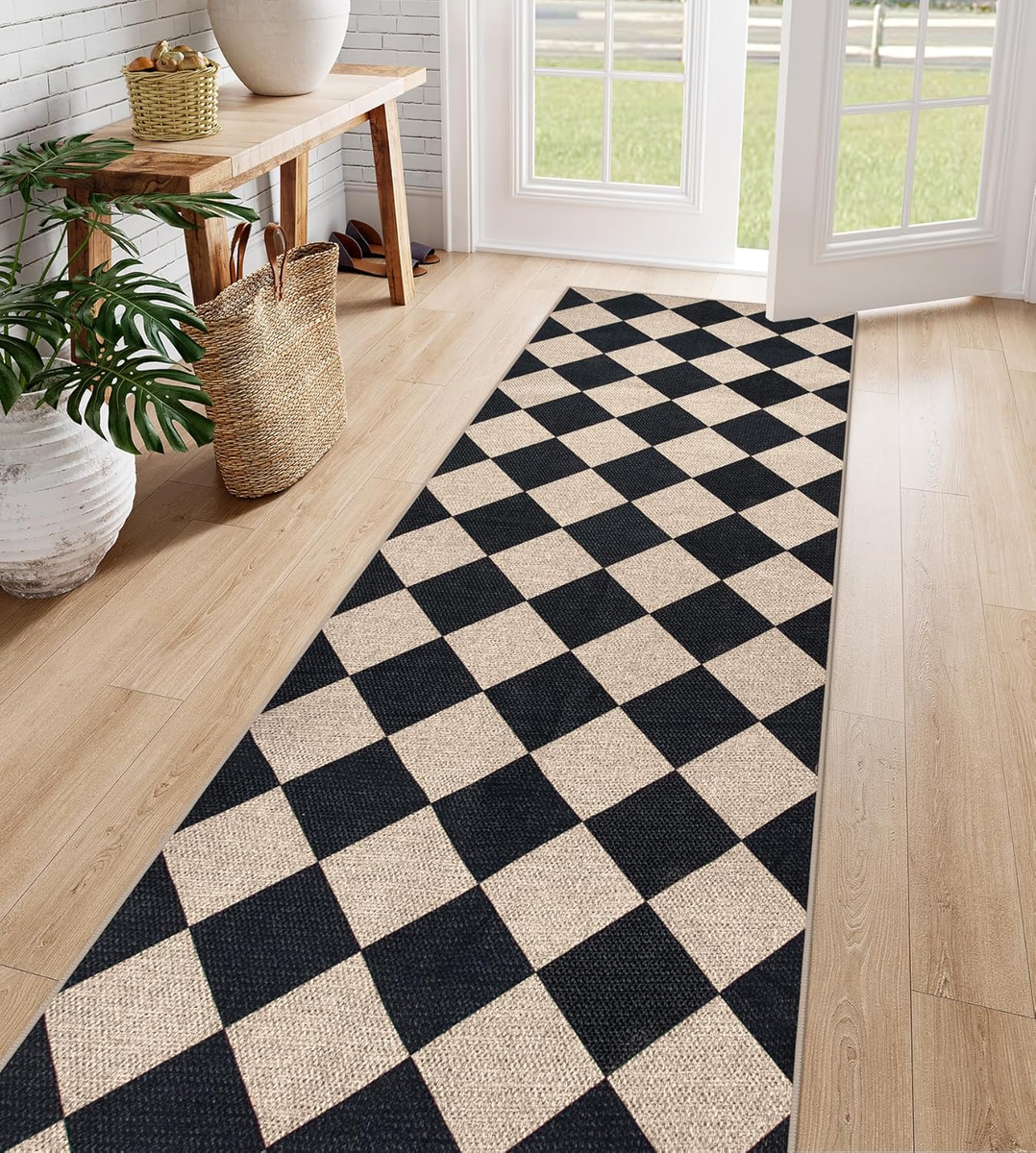 Checkered Easy Jute Runner Rug, 2X8 Hallway Kitchen Runner Rug Non