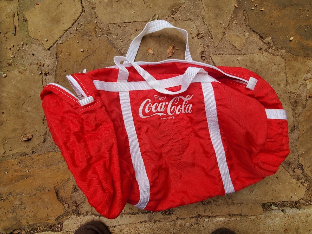 Vtg Coca Cola Red Outer Pockets Double Handles Zip Travel Duffle
