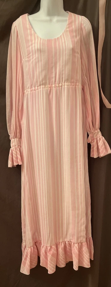 VTG Pink White Striped Cotton Victorian Edwardian Prairie Prom Maxi Dress SZ M - Image 4 of 4