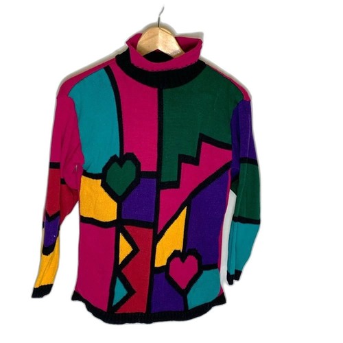 Vintage 80s Jet Set Colorful Geo Stained Glass Print Acrylic Rollneck Sweater L - Picture 2 of 10