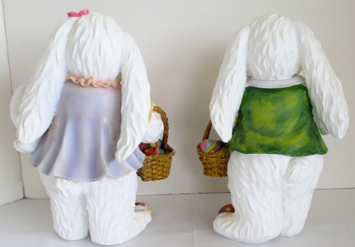 Pair of Adorable Resin Easter Bunnies Hand Painted Blue Eyes 11 inches Vintage - Picture 3 of 7