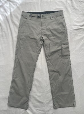 Prana Stretch Zion Pants Mens Size 32 Khaki Straight Belt Roll Snap Up (34x29)
