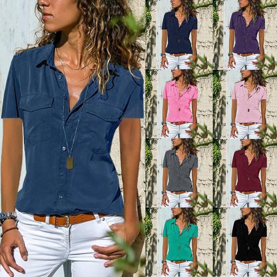 Womens VNeck Buttons Tops T Shirt Ladies Summer Short Sleeve Casual