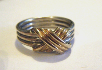 Gr. 6 Vintage 70er Designer Leonore Doskow Sterlingsilber & 14K Gold X Band Ring