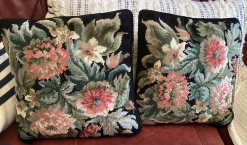 Vintage Pair of Needlepoint Pillows w/ Velvet Cording & Back 13”x13”